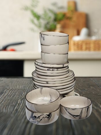 24pcs Marble White Dinner set 6 Cups 6 Bowls 6 Side Plates