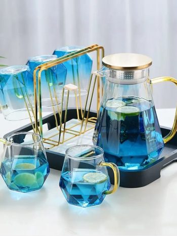 Diamond Glass Tea Set Borosilicate Jug & 6 Cups | Kisasahome Kenya