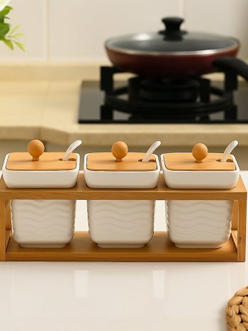 Ceramic Spice Jar Set 3-Piece Bamboo Lids Stand Spoons | Kisasahome Kenya