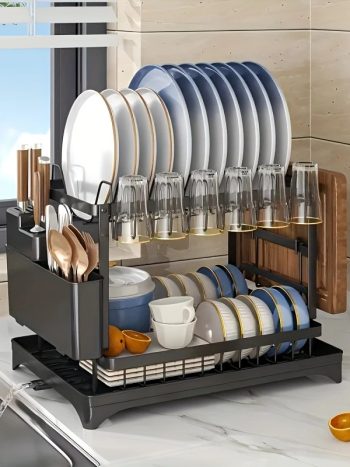 2-Tier Carbon Steel Dish Rack / Drying Rack Drip Tray Cutlery Holder Kitchen | Kisasahome Kenya