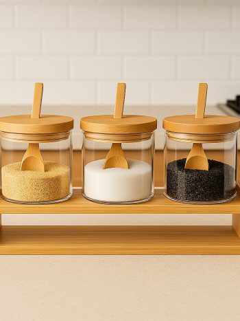 3Pcs Bamboo Canister Set Sugar Dish Coffee Beans Organizer