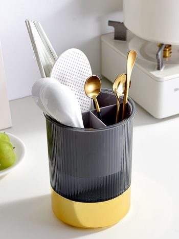 Ribbed Acrylic Cutlery Holder / Utensil Organizer Gold Base 3-Section Kitchen | Kisasahome Kenya
