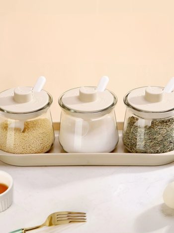 3pc Glass Seasoning Jar Set with Spoons and Tray 300ml | Kisasahome