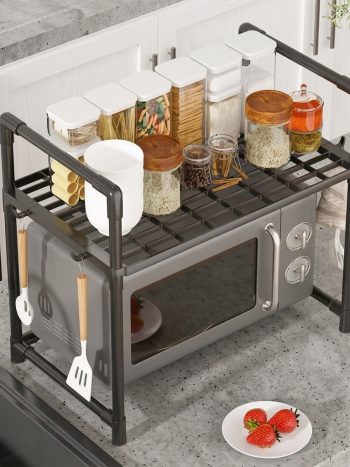 Kisasahome | Your 2026 Home Upgrade Starts Here 1 Single Layer Microwave Oven Rack & Kitchen Countertop Organizer Shelf with 4 Utility Hooks - Kisasahome Kenya