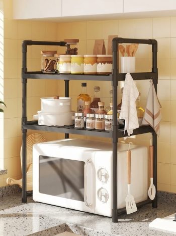 Kisasahome | Your 2026 Home Upgrade Starts Here 3 2 Layer Microwave Oven Rack & Kitchen Countertop Organizer Shelf (YX9121-3) with 8 Utility Hooks Kisasahome Kenya