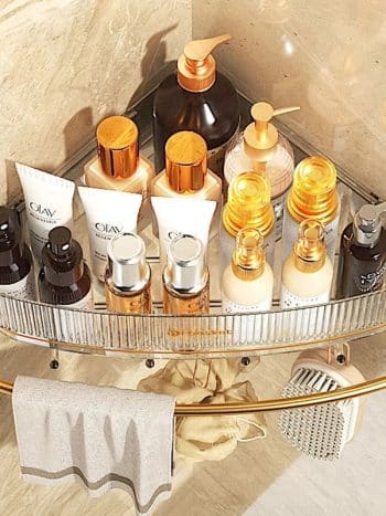 Acrylic Corner Shelf With Towel Bar Drill Free Pet Material Waterproof Strong Bearing Capacity