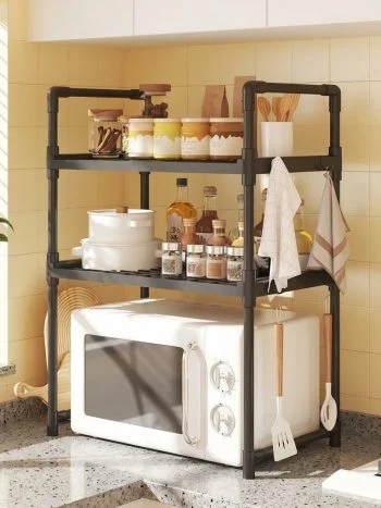 2 Layer Microwave Oven Rack & Kitchen Countertop Organizer Shelf (YX9121-3) with 8 Utility Hooks Kisasahome Kenya